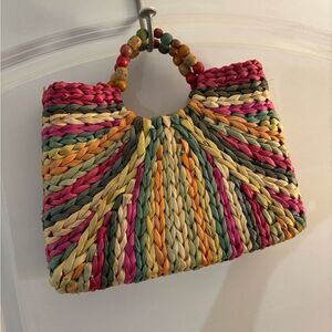 Multicolor Woven Handbag wooden Beaded Handles